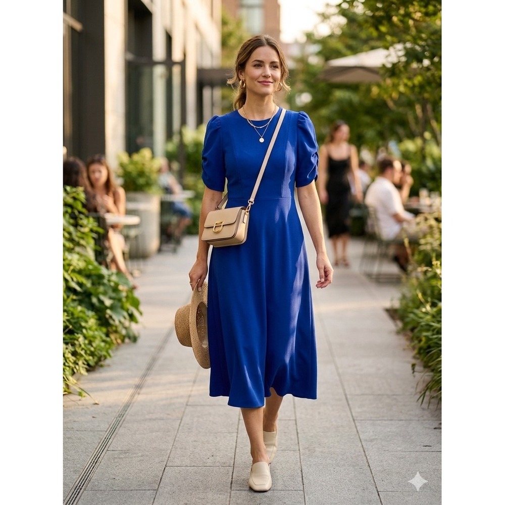 DKNY Royal Blue Puff Sleeve Midi Fit‎ and Flare Dress Size 8 Round Neck Crepe